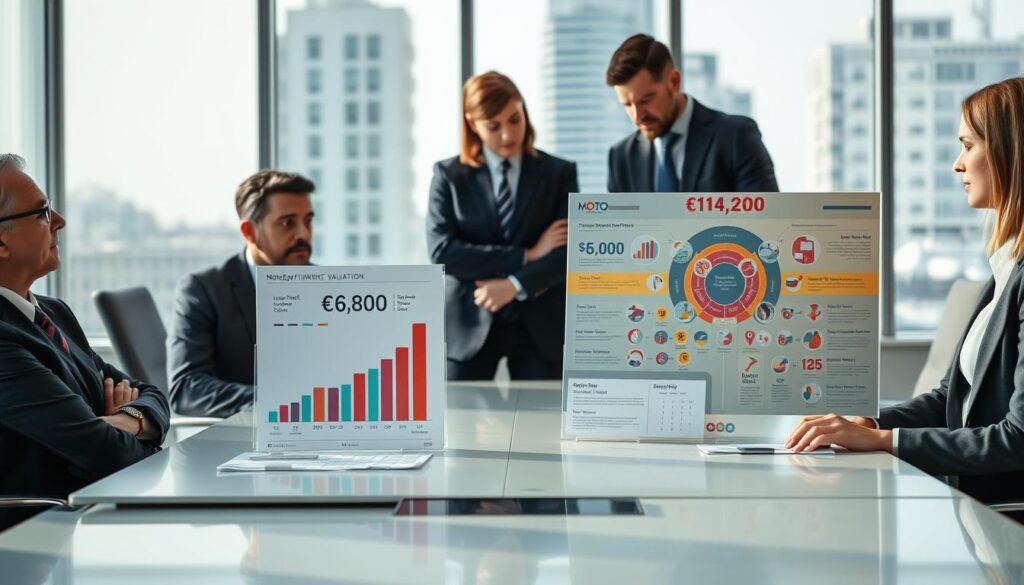 A professional business meeting scene in a modern office setting, focused on two contrasting financial reports displayed side by side on a sleek conference table. On the left, a visual representation of the €6,800 insurance valuation, depicted with a simple, clean chart showing lower costs. On the right, an elaborate, vibrant infographic illustrating the €14,200 MotoExpert valuation, featuring detailed breakdowns and statistics. Business professionals, dressed in formal attire, are engaged in discussion, examining the two reports with expressions of intrigue and analysis. The room is bright and well-lit, with large windows showcasing a cityscape in the background. The atmosphere conveys a sense of serious evaluation and comparison, highlighting the importance of understanding different valuation perspectives.