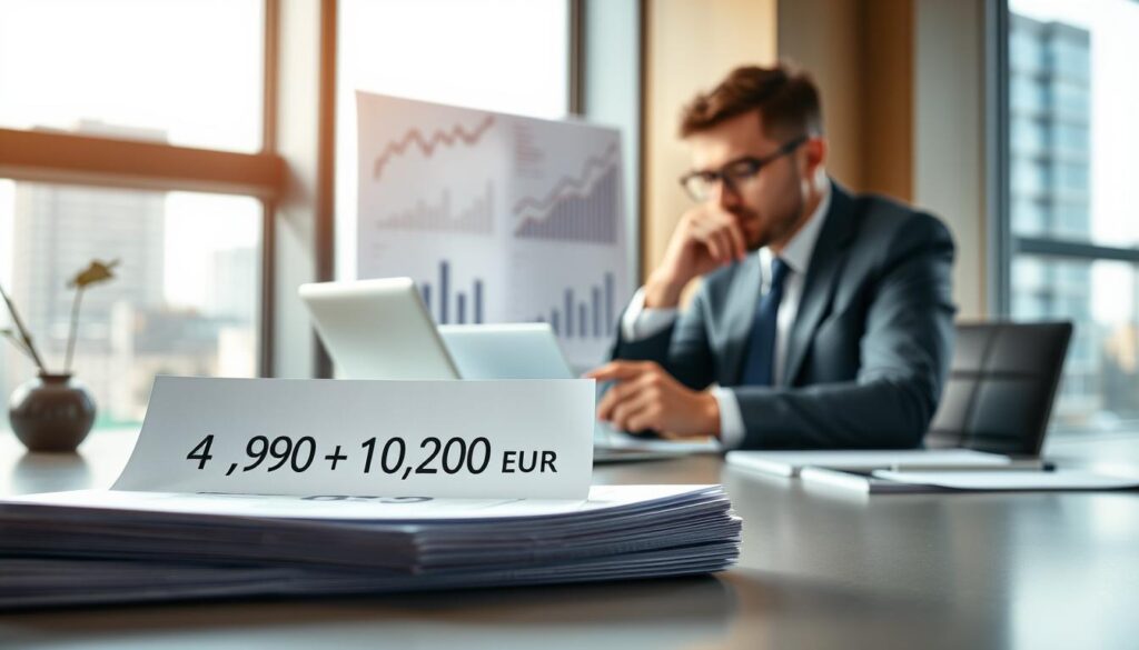 A professional business setting focusing on insurance valuation, with a sleek, modern office desk in the foreground displaying two stacked papers labeled "4,900 EUR" and "10,200 EUR." In the middle ground, a business professional in a smart suit is examining a laptop screen with a thoughtful expression, surrounded by charts and graphs showing financial data. The background features a large window with cityscape views, bathed in soft, natural lighting, enhancing a sense of clarity and focus. The atmosphere is serious and analytical, conveying a critical moment in decision-making related to insurance valuation. Capture the depth of the scene using a shallow depth of field, emphasizing the foreground details while softly blurring the background.