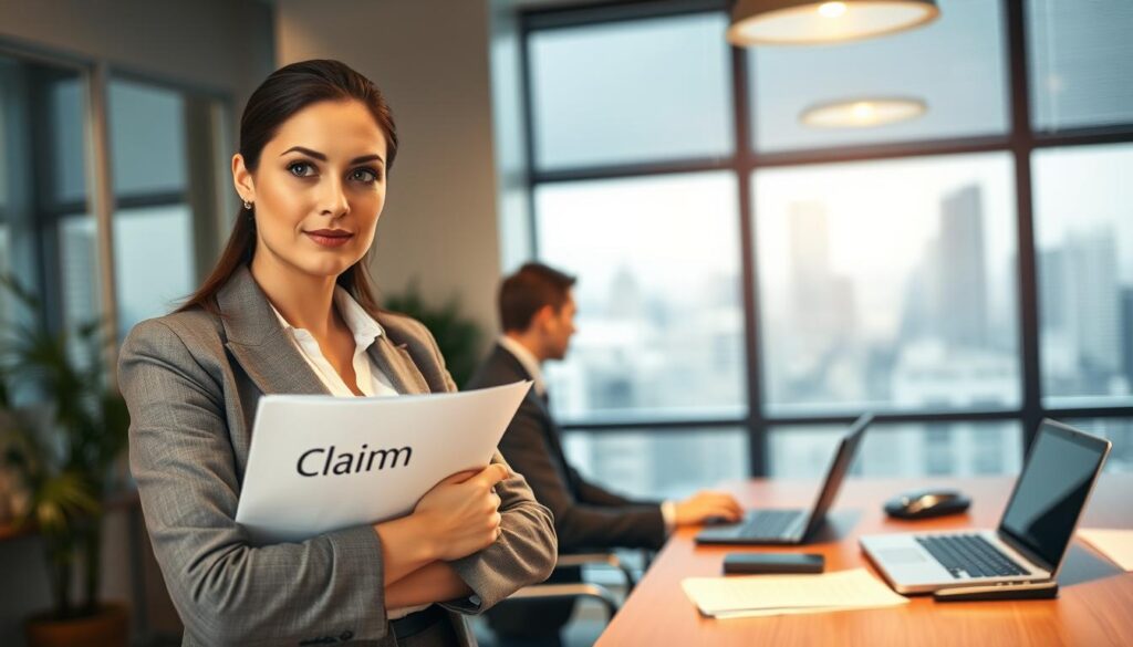 A professional business setting for a claims procedure illustration. In the foreground, a confident woman in professional attire, holding a document labeled "Claim" with a serious expression, stands facing a desk. The middle ground features a well-organized desk with a laptop, legal documents, and a calculator, indicating financial discussions about valuations. In the background, a window showing an office skyline, slightly blurred to keep the focus on the main subjects. The lighting is soft and warm, emphasizing a focused and determined atmosphere. The angle is slightly above eye level, providing a clear perspective of the interaction and the importance of the claims process. The overall mood is one of professionalism, urgency, and resolution.
