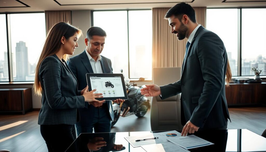 A professional business setting showcasing a client consultation about motorcycle insurance. In the foreground, a diverse group of three individuals — two clients in smart casual attire and one insurance expert in a tailored suit, discussing a digital tablet displaying a motorcycle valuation. In the middle, an elegant office with a large window allowing natural light to illuminate the space, casting soft shadows. On the desk, papers and reports are scattered, conveying an atmosphere of active discussion and analysis. The background features a modern city skyline, creating a sense of professionalism and trust. The overall mood is focused yet friendly, emphasizing the importance of informed decision-making in insurance valuation.