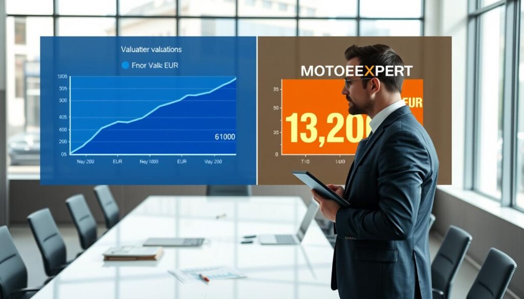 A professional comparison scene depicting two valuation charts: on the left, a modern digital display showing the insurer's valuation of 6,100 EUR with clean lines and a blue color scheme; on the right, a bold graphic showing the MOTOEXPERT valuation of 13,200 EUR, featuring a vibrant orange and red theme. In the foreground, a business professional in a smart suit observes the charts with a thoughtful expression, holding a tablet. The middle ground features a sleek conference table with financial documents and a laptop. In the background, a contemporary office environment with large windows allowing natural light to pour in, casting soft shadows. The mood is analytical and focused, emphasizing the importance of valuing insurance effectively.