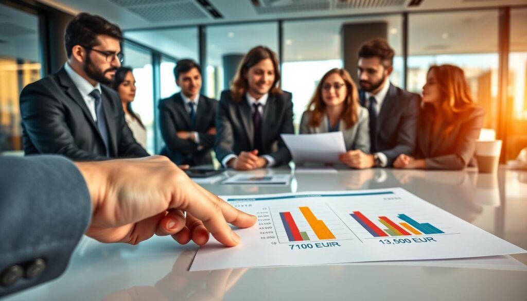 A professional meeting room setting, featuring a diverse group of business people in smart professional attire, engaged in a discussion around two financial reports displayed on a sleek conference table. In the foreground, a close-up of a hand pointing at a contrasting bar graph comparing two valuations: one labeled "7,100 EUR" and the other "13,500 EUR", with colorful, eye-catching visual aids. In the middle, focused expressions on the participants’ faces as they analyze the data and share their opinions. The background should have a modern office decor, with large windows allowing warm natural light to enter, creating an open and transparent atmosphere. Capture a mood of collaboration and critical thinking. The scene is shot with a slight depth of field to emphasize the group and the reports while softly blurring the background.