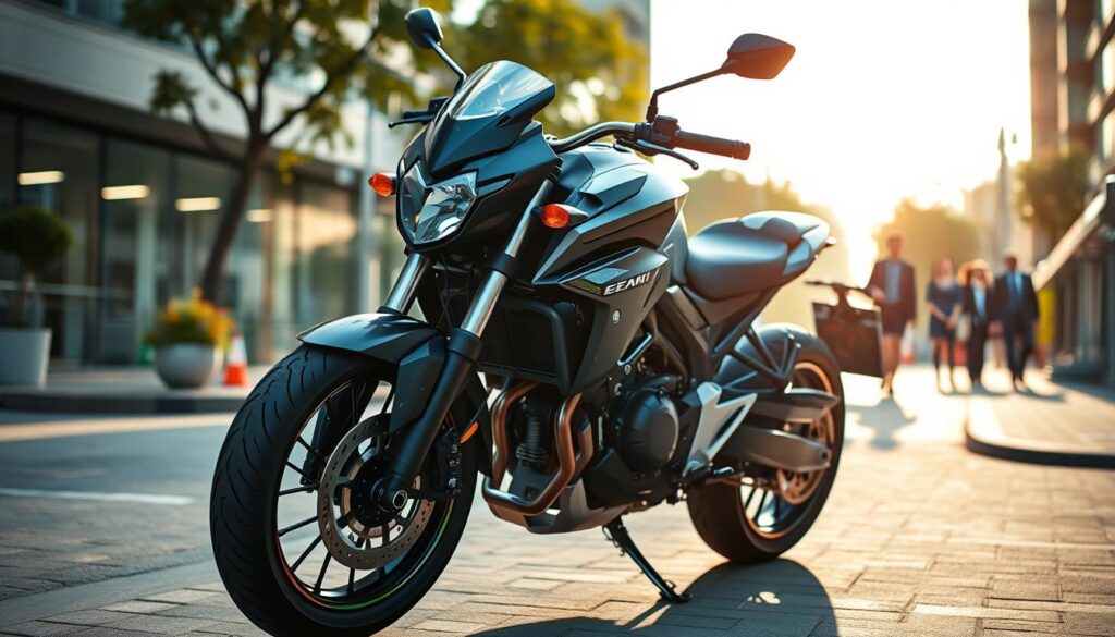 A professional motorcycle, the MOTOEXPERT 14, parked in a well-lit urban setting, surrounded by a vibrant atmosphere. In the foreground, showcase the bike prominently, capturing its sleek design with glimmering metal parts and intricate details such as the engine and wheels. The middle of the image includes subtle elements like a blurred, picturesque street, with people in the background, dressed in professional attire, admiring the motorcycle. Soft morning sunlight casts a warm glow over the scene, highlighting the bike’s features while creating an inviting mood. Use a wide-angle perspective for an expansive view, ensuring the focus remains on the MOTOEXPERT 14, evoking a sense of innovation and quality, perfectly representing customer opinions.
