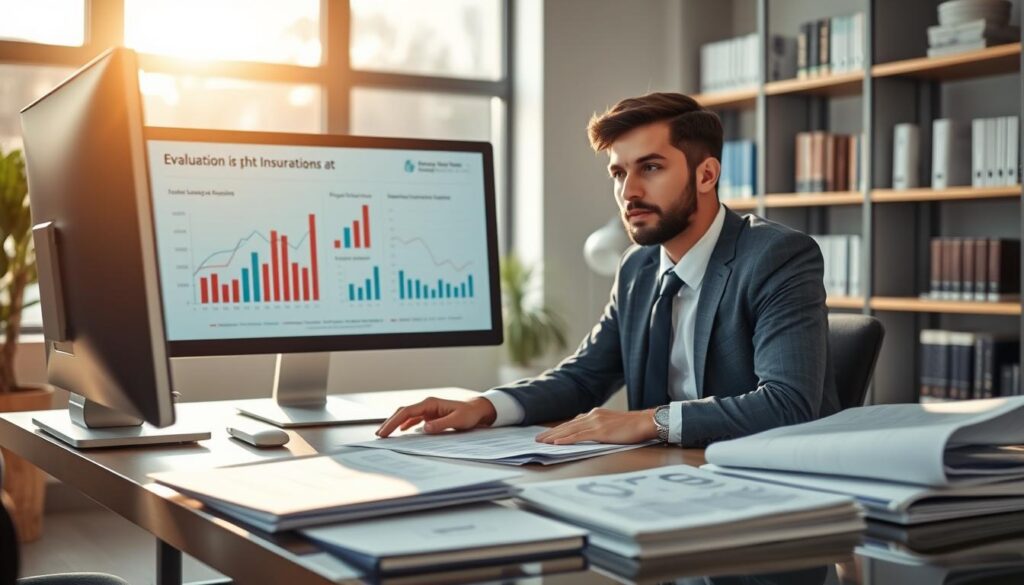 A professional office setting depicting a financial analyst in smart casual attire, seated at a sleek desk covered with documents and reports. In the foreground, a detailed close-up of a computer screen displays charts and graphs comparing financial assessments, emphasizing the stark difference in evaluations between two companies. The middle ground features a large window allowing natural light to stream in, casting soft shadows across the room. The background consists of a modern bookshelf filled with business books and industry reports, enhancing the ambiance of a sophisticated financial workspace. The mood is analytical and focused, suggesting a serious examination of valuation differences. Soft, warm lighting creates an inviting yet professional atmosphere, suitable for an insightful discussion on pricing and valuation quality in the insurance sector. A professional office setting depicting a financial analyst in smart casual attire, seated at a sleek desk covered with documents and reports. In the foreground, a detailed close-up of a computer screen displays charts and graphs comparing financial assessments, emphasizing the stark difference in evaluations between two companies. The middle ground features a large window allowing natural light to stream in, casting soft shadows across the room. The background consists of a modern bookshelf filled with business books and industry reports, enhancing the ambiance of a sophisticated financial workspace. The mood is analytical and focused, suggesting a serious examination of valuation differences. Soft, warm lighting creates an inviting yet professional atmosphere, suitable for an insightful discussion on pricing and valuation quality in the insurance sector.