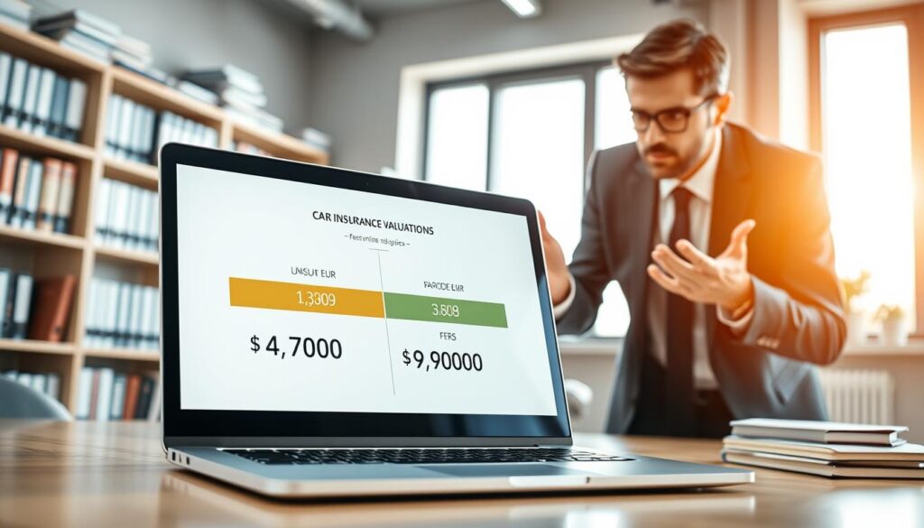A professional office setting depicting a financial consultant assessing car insurance valuations. In the foreground, a detailed close-up of a laptop screen displaying a comparison chart of insurance prices, with bright, clear visuals reflecting the contrasting figures of 4,700 EUR and 9,900 EUR. Middle ground features a consultant in smart business attire, leaning over the laptop with a focused expression, gesturing toward the screen. The background includes shelves lined with financial books and a large window allowing natural light to illuminate the room, creating a bright and inspiring atmosphere. The overall mood is analytical and professional, enhancing the theme of expert evaluation and financial insights.