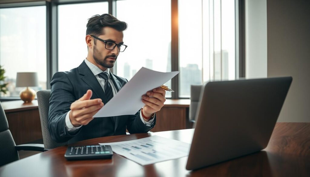 A professional office setting showcasing a detailed insurance valuation process. In the foreground, a confident insurance agent in a smart business suit is examining insurance documents with a pen in hand, analyzing key figures. The middle ground features an elegant wooden desk with a laptop displaying charts and graphs regarding market rates and valuations, alongside a financial calculator. In the background, a large window lets in soft natural light, highlighting the city skyline, symbolizing trust and professionalism. The atmosphere conveys clarity and precision, with warm, inviting colors creating a sense of security and diligence, evoking the importance of accurate insurance evaluations. Focused, cinematic angle emphasizing the agent’s determination and the significance of precise valuation in the insurance industry.