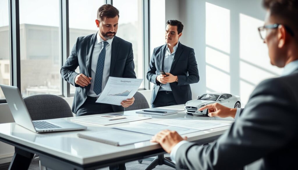 A professional office setting showcasing a dynamic interaction between two individuals discussing vehicle valuation. In the foreground, a well-dressed consultant from MOTOEXPERT, wearing a tailored suit, is attentively reviewing a detailed report with a client, who is dressed in business casual attire. The consultant points to a highlighted figure, conveying expertise and confidence. In the middle ground, a sleek desk is filled with car valuation documents, a laptop, and a model car, indicating an environment focused on precision and professionalism. The background features a large window with natural light streaming in, illuminating the room and casting soft shadows, creating an atmosphere of trust and clarity. The image should evoke a sense of professionalism, reliability, and the advantages of using MOTOEXPERT services.