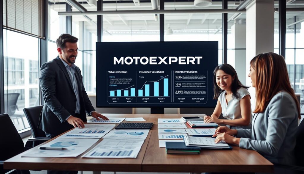 A professional office setting showcasing the MOTOEXPERT valuation process. In the foreground, a diverse group of three professionals in business attire (two men and one woman) is engaged in an animated discussion around a large table filled with charts, graphs, and documents illustrating valuation metrics. The middle layer features a large digital screen displaying the MOTOEXPERT logo alongside an infographic that presents clear, visual comparisons of insurance valuations. In the background, a modern office with large windows allows natural light to flood the room, creating a bright and dynamic atmosphere. The overall mood should be collaborative and innovative, reflecting the analytical nature of the valuation process, captured with a slight angle to add depth and perspective.