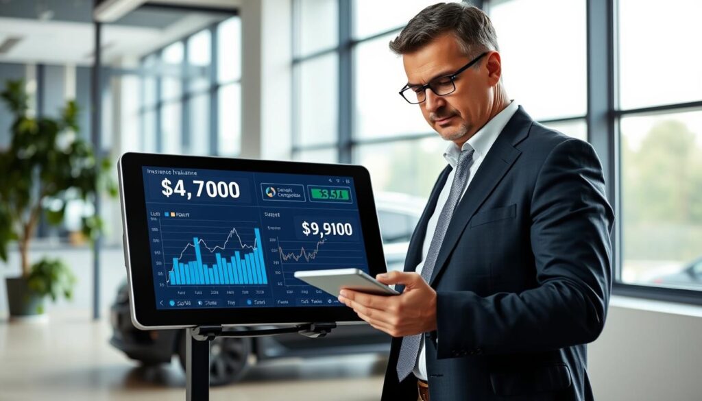 A professional scene depicting the concept of "communication compensation" in the context of vehicle insurance. In the foreground, a well-dressed businessperson, a middle-aged man, stands confidently, holding a tablet displaying financial data. The middle ground features a digital interface with charts and graphs comparing two insurance valuations: 4,700 EUR and 9,900 EUR. The background shows a modern office environment, with large windows letting in natural light, creating a bright and optimistic atmosphere. The angle captures the person leaning slightly towards the screen, reflecting a contemplative mood as he analyzes the market impact on insurance valuations. Soft, focused lighting enhances the professional ambiance while emphasizing the importance of informed decision-making in the insurance industry.