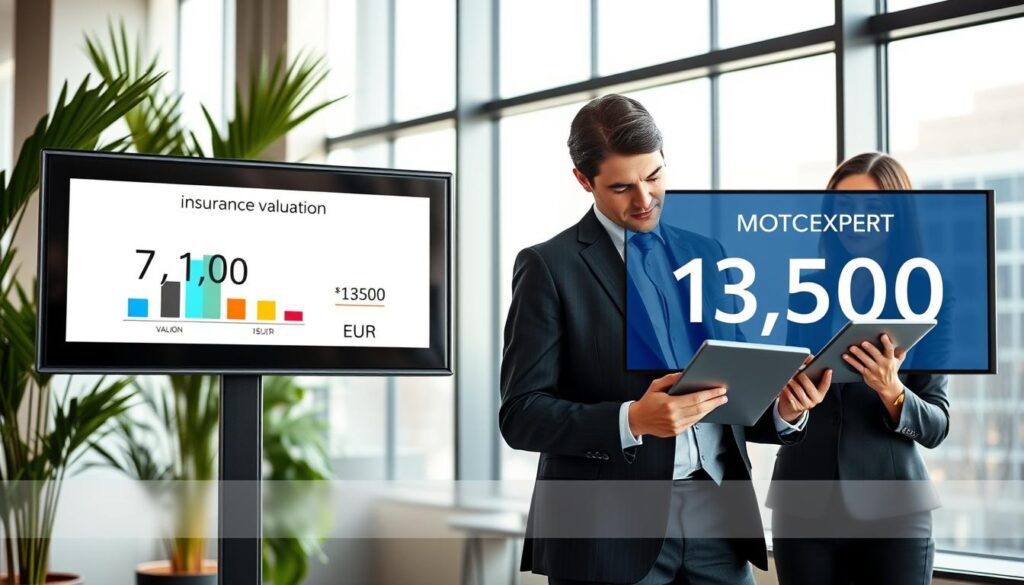 A professional setting depicting a side-by-side comparison of two insurance valuations. On the left, a sleek digital display shows the insurance company's valuation: 7,100 EUR, represented by an elegant bar graph with warm lighting. On the right, a contrasting display highlights MOTOEXPERT's valuation: 13,500 EUR, with a modern design featuring cooler tones. The background features an office environment with large windows allowing natural light to pour in, creating a professional atmosphere. Soft shadows from nearby plants add depth to the image. The foreground includes two business professionals, a man and a woman, analyzing the comparisons on tablets, dressed in sharp business attire, showcasing focused expressions. The overall mood is analytical and informative, emphasizing the significant difference in valuations. A professional setting depicting a side-by-side comparison of two insurance valuations. On the left, a sleek digital display shows the insurance company's valuation: 7,100 EUR, represented by an elegant bar graph with warm lighting. On the right, a contrasting display highlights MOTOEXPERT's valuation: 13,500 EUR, with a modern design featuring cooler tones. The background features an office environment with large windows allowing natural light to pour in, creating a professional atmosphere. Soft shadows from nearby plants add depth to the image. The foreground includes two business professionals, a man and a woman, analyzing the comparisons on tablets, dressed in sharp business attire, showcasing focused expressions. The overall mood is analytical and informative, emphasizing the significant difference in valuations.