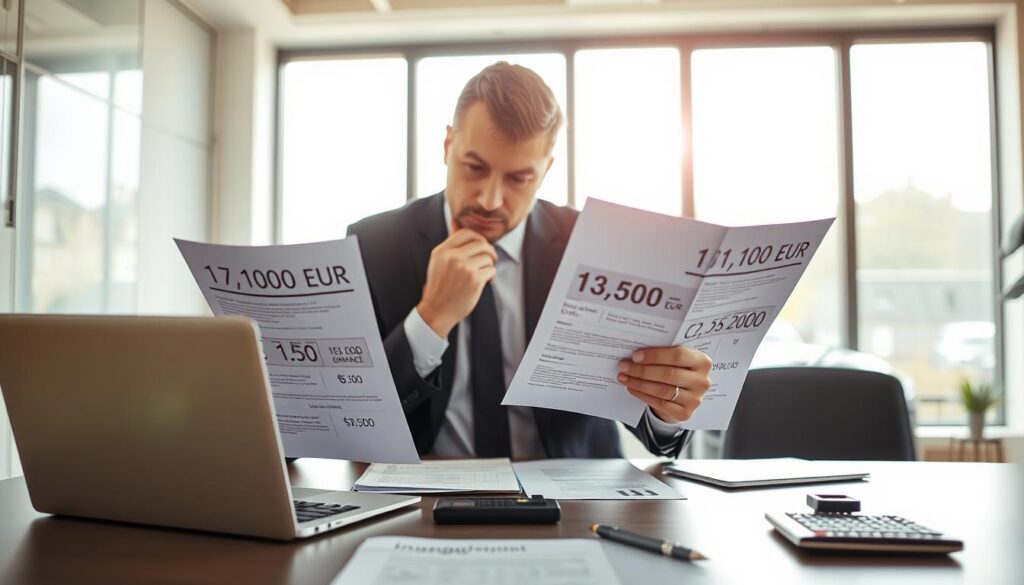 A professional setting depicting an insurance office focused on automotive insurance assessments. In the foreground, a thoughtful business person in professional attire examines two contrasting financial reports, one labeled with 7,100 EUR and the other with 13,500 EUR, indicating discrepancies. The middle ground features a modern office desk with a sleek laptop, paperwork, and a calculator, symbolizing detailed financial analysis. In the background, large windows allow soft natural light to filter in, creating a warm yet serious atmosphere. The overall mood should convey scrutiny and professionalism, highlighting the theme of valuation discrepancies in the insurance industry. Shot at a slight angle to emphasize depth and detail.