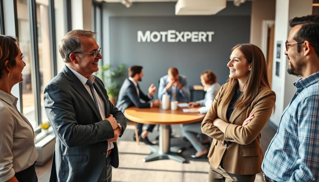A professional setting featuring a diverse group of satisfied customers discussing their experiences with the motorcycle insurance offerings from MOTOEXPERT. In the foreground, two individuals, a middle-aged man in a tailored suit and a young woman in smart casual attire, are animatedly sharing their opinions. In the middle ground, a round table with additional clients expressing their thoughts, surrounded by soft natural light pouring in through large windows. The background showcases a sleek, modern office ambiance with subtle branding elements of MOTOEXPERT, leaving out any specific logos. The mood is positive and engaging, emphasizing the trust and satisfaction among the clients regarding the insurance options. Use a warm color palette to evoke a sense of comfort and professionalism.