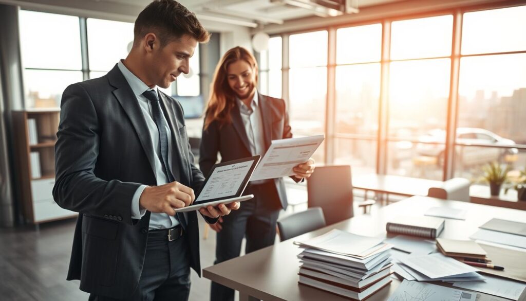 A professional setting showcasing car insurance evaluations. In the foreground, a confident insurance agent in a smart business suit is discussing details with a client, pointing at a digital tablet displaying comparative insurance quotes. In the middle ground, an office space filled with modern furniture, a large desk, and financial documents scattered about, emphasizing an analytical atmosphere. In the background, a window shows a view of a city skyline, bathed in warm afternoon sunlight, creating a sense of optimism. The lighting is soft yet focused, highlighting the interaction between the agent and client. The mood is professional and informative, reflecting the importance of informed decision-making in insurance.