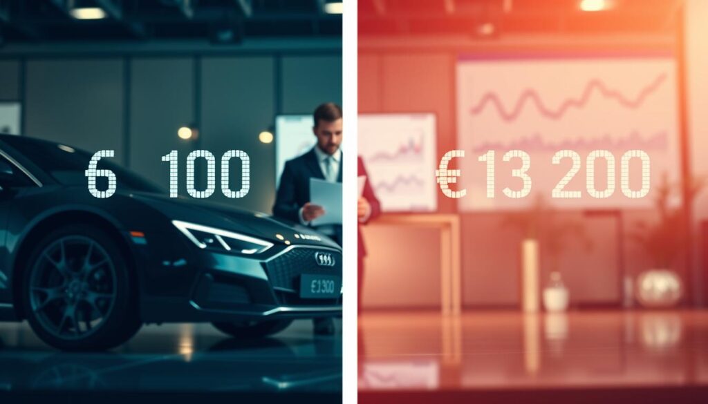 A side-by-side comparison of two car valuations presented in a professional setting. In the foreground, a sleek, modern vehicle is displayed prominently, reflecting the contrasting valuation figures. On the left, a digital display shows "€6,100" in a minimalist style; on the right, "€13,200" is highlighted in a more ornate design. The middle ground features a business professional in smart attire, taking notes while examining a detailed report on the valuations. The background is a softly blurred office environment, with charts and graphs subtly visible on a screen, suggesting analysis and discussion. Soft, warm lighting illuminates the scene, creating a focused yet inviting atmosphere, achieved with a slight tilt-shift effect to emphasize depth.