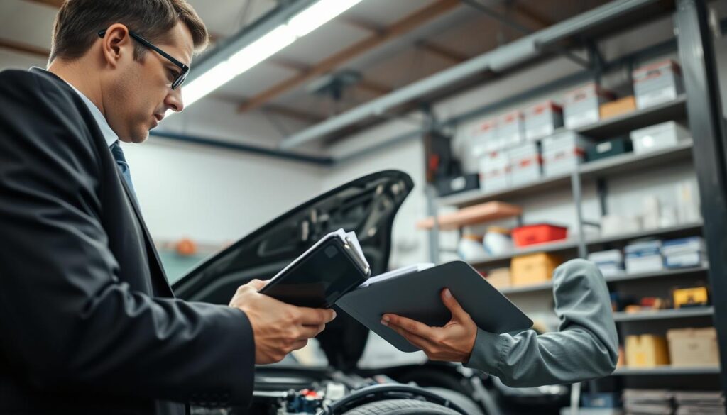 A skilled automotive expert, or "rzeczoznawca samochodowy", carefully inspecting a car in a well-lit garage environment, with tools and equipment in the background. The expert is dressed in professional business attire, using a clipboard and a digital device to document findings. The foreground shows the intense focus of the expert’s face, while the middle ground captures the car's details, such as the engine and tires, illuminated by soft, bright LED lights above. The background features shelves stocked with automotive manuals and tools. The atmosphere is professional and analytical, conveying a sense of expertise and trustworthiness, highlighting the importance of accurate vehicle valuation. The camera angle is slightly low, emphasizing the expert’s authority in the space.