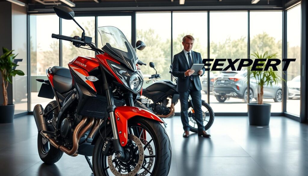 A sleek, modern office environment representing the "MOTOEXPERT" brand, featuring a sophisticated motorcycle prominently displayed in the foreground. The motorcycle is polished, showcasing its high-quality design and vibrant colors. In the middle ground, a professional consultant in business attire is engaging with a digital tablet, analyzing data about motorcycle insurance options. The background includes large windows, allowing natural light to stream in, creating a bright and welcoming atmosphere. The overall mood is one of innovation and professionalism, symbolizing trust and expertise in the motorcycle insurance market. Capture this scene from a slightly elevated angle to emphasize the motorcycle's details and the consultant's focused expression.