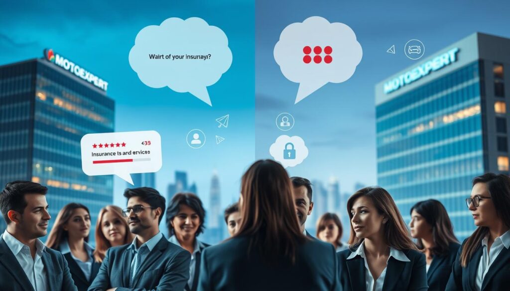 A split image showcasing customer opinions about two insurance providers. In the foreground, a diverse group of clients in professional business attire, discussing their experiences, with expressions conveying satisfaction and concern. The middle section features floating thought bubbles or abstract representations of positive and negative reviews, with icons symbolizing security and dissatisfaction. The background depicts a stylized cityscape with buildings representing MOTOEXPERT on one side and a generic insurance company on the other, both bathed in soft, ambient lighting that creates a serious yet contemplative atmosphere. Use a slightly blurred depth of field to focus on the foreground group, evoking a sense of conversation and feedback. A split image showcasing customer opinions about two insurance providers. In the foreground, a diverse group of clients in professional business attire, discussing their experiences, with expressions conveying satisfaction and concern. The middle section features floating thought bubbles or abstract representations of positive and negative reviews, with icons symbolizing security and dissatisfaction. The background depicts a stylized cityscape with buildings representing MOTOEXPERT on one side and a generic insurance company on the other, both bathed in soft, ambient lighting that creates a serious yet contemplative atmosphere. Use a slightly blurred depth of field to focus on the foreground group, evoking a sense of conversation and feedback.