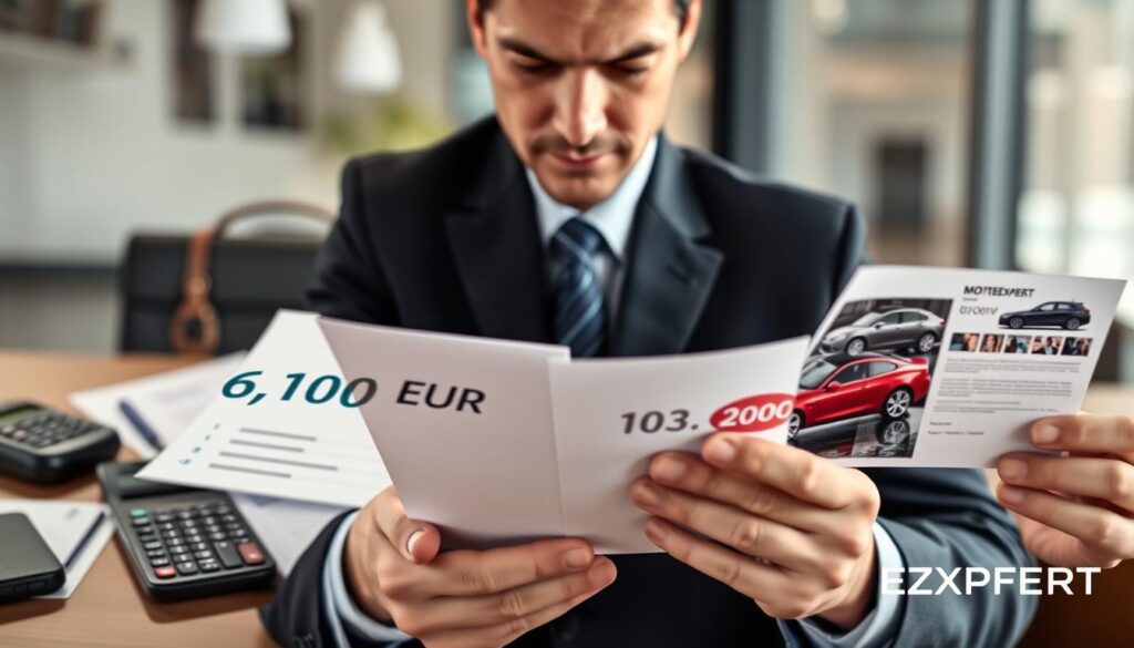 A split-screen image comparing two insurance quotes. On the left, a polished presentation featuring a briefcase, calculator, and documents highlighting the figure "6,100 EUR," with a subtle background of a modern office. On the right, a similar setup showcasing the figure "13,200 EUR," with additional car imagery reflecting MOTOEXPERT. The foreground includes a professional business person, dressed in formal attire, analyzing both quotes with a focused expression. Soft, warm lighting emphasizes the documents, creating a serious, analytical mood. The background is blurred to draw attention to the figures and the person engaged in comparison. The angle is slightly elevated, providing a comprehensive view of the workspace.