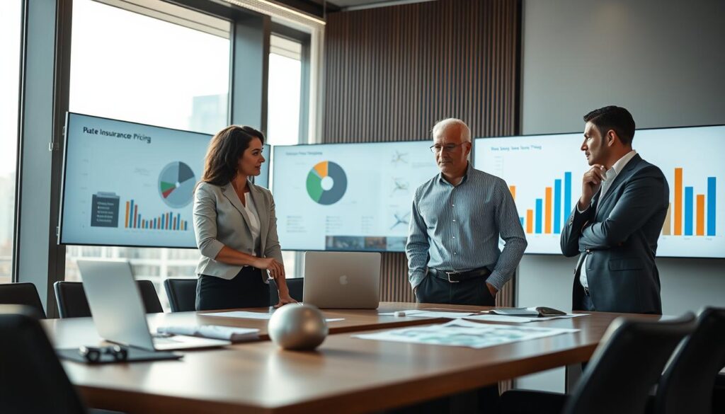 A thoughtful business meeting in a modern office setting, focused on future insurance trends. In the foreground, a diverse group of three professionals—one woman and two men—are engaged in a discussion, standing around a large conference table. They are dressed in professional business attire and appear to be examining charts and reports on a laptop. In the middle ground, there are visual aids like pie charts and bar graphs displayed on large screens, symbolizing past and future insurance pricing. The background features a skyline view through large windows, with soft natural light illuminating the room, creating a bright and optimistic atmosphere conducive to strategic planning. The lens should offer a slightly angled perspective to highlight collaboration and engagement.