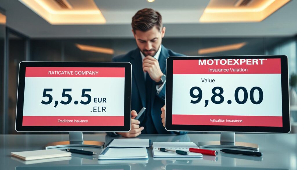 A visually compelling comparison scene illustrating the insurance valuations from two providers: a traditional insurance company displaying a valuation of 5,555 EUR on one side, and MOTOEXPERT on the other, boasting a valuation of 9,800 EUR. In the foreground, place two distinct digital screens or tablets, each showing clear, eye-catching graphics of the valuations, surrounded by business-related items like pens and notepads. In the middle, a business professional in smart attire thoughtfully examines the screens, exuding a sense of analysis and decision-making. The background should be a sleek, modern office interior with soft, warm lighting to evoke a calm yet focused atmosphere. Capture this scene from a slightly elevated angle to emphasize the comparison's significance.
