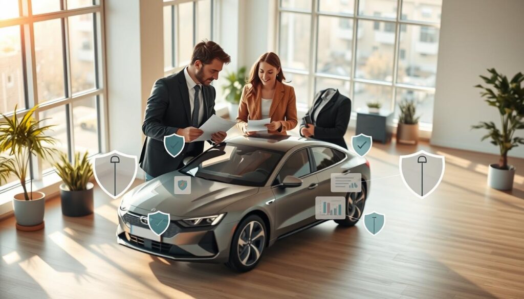 A visually engaging scene showcasing the concept of car insurance, specifically "ubezpieczenie autocasco". In the foreground, a professional insurance consultant in business attire is discussing with an engaged couple, looking over paperwork and diagrams illustrating car insurance options. In the middle, a sleek, modern car is prominently displayed, symbolizing the insured vehicle, surrounded by visual elements like shields and checkmarks representing protection and security. The background features a bright office setting with large windows allowing natural light to pour in, creating an optimistic and inviting atmosphere. The scene captures a sense of trust and professionalism, with soft shadows and a warm color palette to enhance the mood of reassurance and guidance. The angle is slightly elevated, providing a comprehensive view of the interaction.