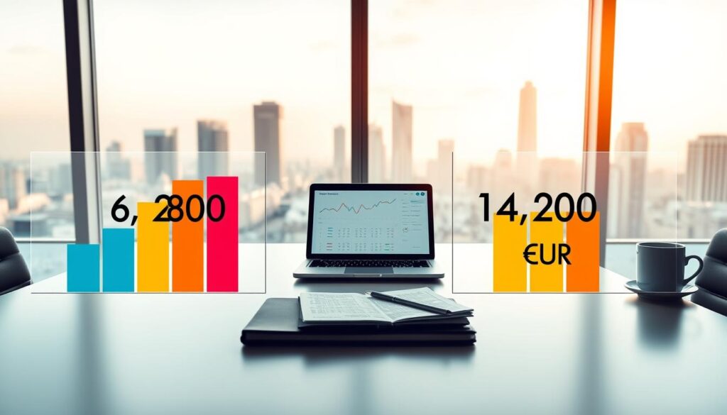 A visually striking comparison of two insurance quotes, illustrated in a modern and professional setting. In the foreground, two detailed, side-by-side bar graphs representing "6,800 EUR" and "14,200 EUR," with vibrant colors highlighting the differences. The middle layer features a sleek, executive desk with a laptop displaying a financial analysis, notepad, and coffee cup, suggesting an office environment. In the background, a city skyline through large windows, bathed in warm natural light of late afternoon. The scene is clean and organized, conveying a mood of professionalism and clarity. The overall composition should have a balanced perspective, with a slightly elevated angle to capture both the graphs and the workspace effectively.