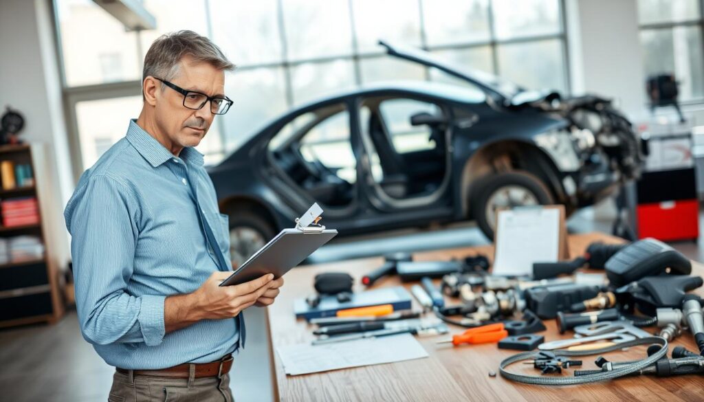 An expert appraiser in a modern office setting, meticulously examining a vehicle's damage with a clipboard and measuring tools. In the foreground, highlight a confident middle-aged Caucasian man dressed in professional business attire, wearing glasses and focused on his work. In the middle ground, a variety of vehicle parts and tools are spread out on a large wooden desk. The background features a large window allowing natural light to flood the room, illuminating the scene with a bright, clear atmosphere. The mood should convey professionalism and attention to detail, showing the importance of appraisal in the vehicle insurance process. Capture the scene from a slightly elevated angle for a comprehensive view, focusing on the appraiser's engagement with his task.