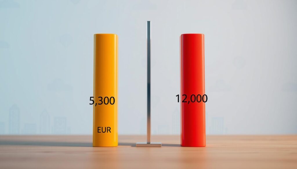 A detailed, visually engaging comparison illustration of insurance valuation. In the foreground, depict two clear and distinct bar graphs side by side, one labeled "5,300 EUR" and the other "12,000 EUR," showcasing their differences in height and color to convey contrast. In the middle ground, include subtle icons representing insurance, such as shields or checkmarks. The background should feature a soft gradient with business-related elements, like abstract patterns or office buildings, to create a professional atmosphere. Utilize soft lighting to enhance a calming yet informative mood, focusing the viewer's attention on the graphs. The overall composition should evoke clarity and insight without any text or distractions, perfect for illustrating key conclusions.