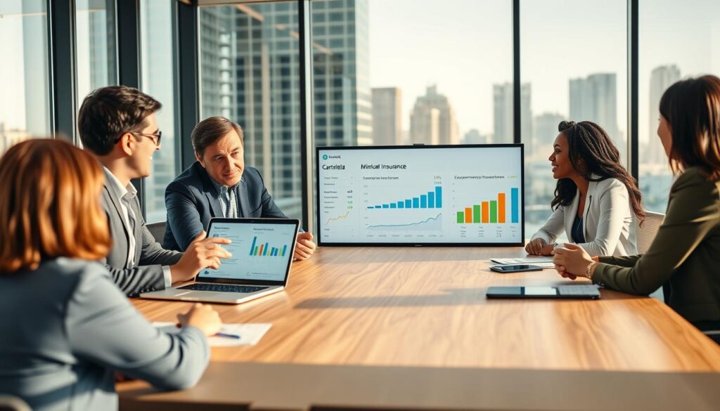 A diverse group of professionals seated around a modern conference table, engaged in a discussion about car insurance experiences. In the foreground, two individuals in smart business attire are sharing their insights, gesturing towards a laptop displaying statistics and customer feedback. The middle ground includes charts and graphs prominently featured on a screen, illustrating comparative insurance pricing. The background shows a large window with a cityscape view, bathed in warm, natural light suggesting an afternoon meeting. The overall mood is collaborative and analytical, conveying a sense of professional engagement and thoughtful examination of user experiences with car insurance.