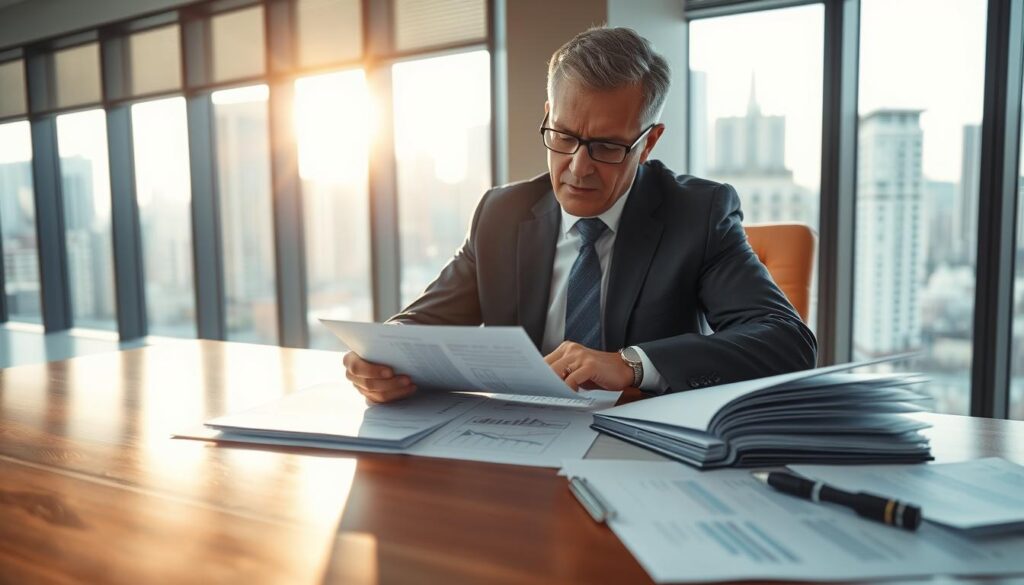 A focused insurance appraiser in a sleek, modern office setting, analyzing documents and data on a polished wooden desk. The appraiser, a middle-aged individual dressed in professional business attire, is surrounded by meticulous charts and various insurance policy files. In the background, large windows reveal a cityscape, illuminated by soft, warm sunlight streaming through. The mood is serious yet optimistic, emphasizing professionalism and attention to detail. The scene conveys a sense of expertise in valuation, highlighting the importance of accurate assessments. The camera angle is slightly elevated, capturing the work environment in a clear, detailed manner with a depth of field that keeps the viewer focused on the appraiser and their task.