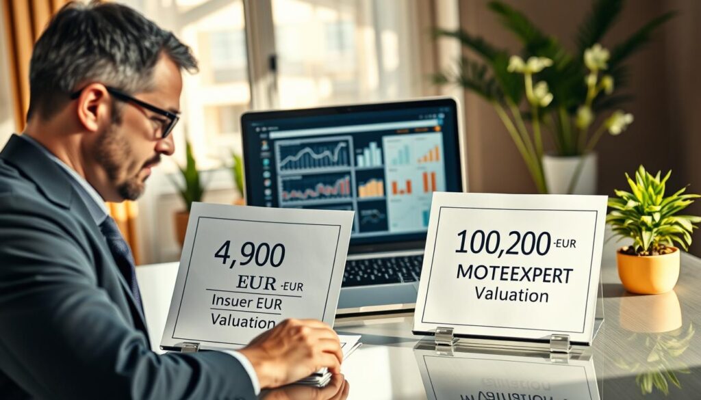 A highly detailed scene depicting a clear desk with two open documents displaying contrasting appraisal values: one showing "4,900 EUR" labeled as "Insurer Valuation" on the left, and the other showing "10,200 EUR" labeled as "MOTOEXPERT Valuation" on the right. In the foreground, a professional business person in formal attire—either a man or woman—analyzing the documents with a focused expression. The middle background features a sleek laptop displaying charts and graphs related to insurance assessments, with soft office lighting that creates a calm atmosphere. The background consists of a modern, elegant office with warm tones, plants, and minimalistic décor, enhancing the theme of quality evaluation in insurance appraisals. Natural daylight filters in through a large window, casting subtle shadows.