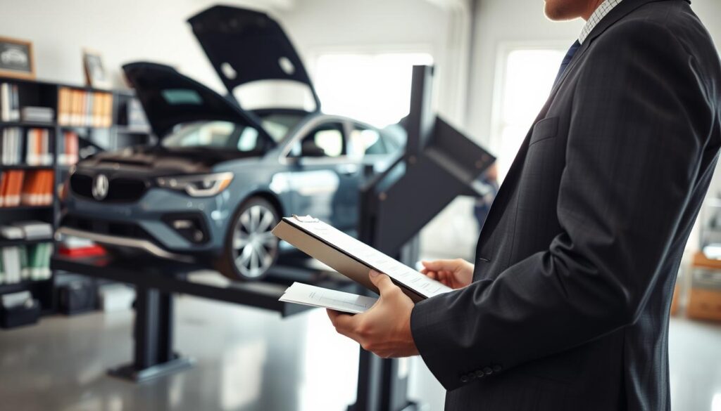 A professional automotive appraiser, wearing a smart business suit, intently examining a modern vehicle in a well-lit office environment. In the foreground, the appraiser holds a clipboard with various assessment notes. The middle ground features the car on a lift, showcasing its interior and exterior details as the appraiser evaluates it. The background includes shelves filled with automotive manuals and a large window letting in natural light, creating a bright and focused atmosphere. The overall mood is analytical and professional, emphasizing precision in vehicle valuation. The image should be sharp and detailed, captured with a slight angle to give depth to the scene.