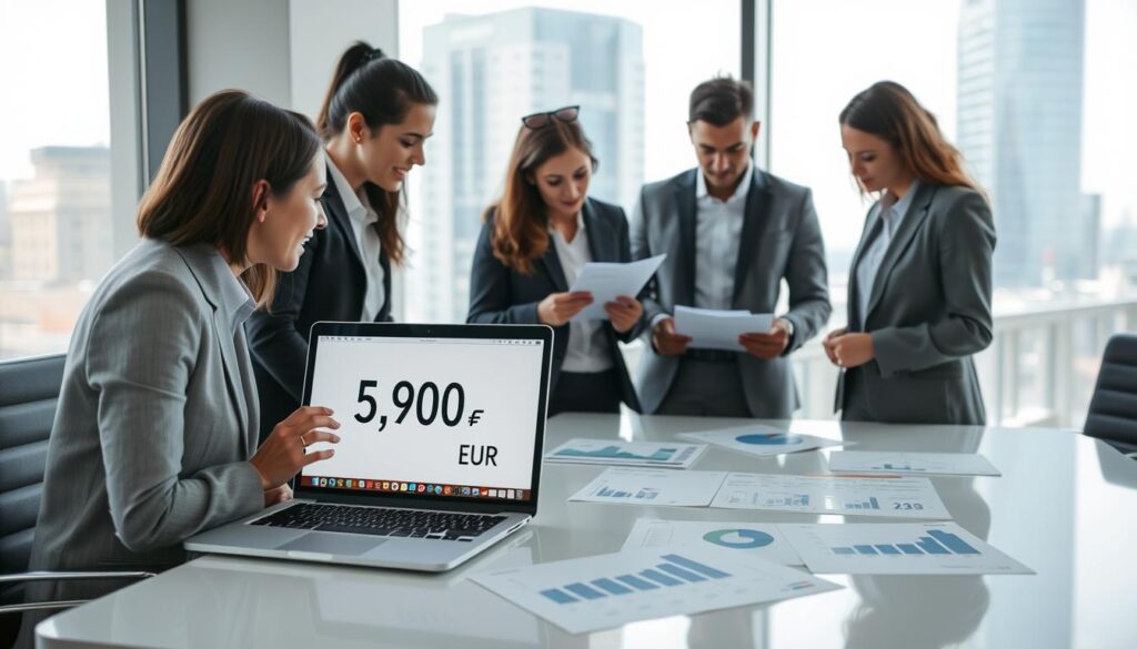A professional business meeting setting where clients discuss customer opinions about the insurance company, featuring a clean, modern conference room. In the foreground, a diverse group of three business professionals, dressed in smart business attire, are attentively analyzing documents and a laptop showing the financial figure "5,900 EUR". The middle ground includes a sleek table with charts and graphs spread out, subtly highlighting comparisons. The background displays a large window with natural light pouring in, illuminating a cityscape view. The atmosphere is focused and analytical, with a sense of collaboration and professionalism. The image captures the essence of evaluating customer feedback in a corporate environment, ensuring clarity and relevance to insurance valuation discussions.