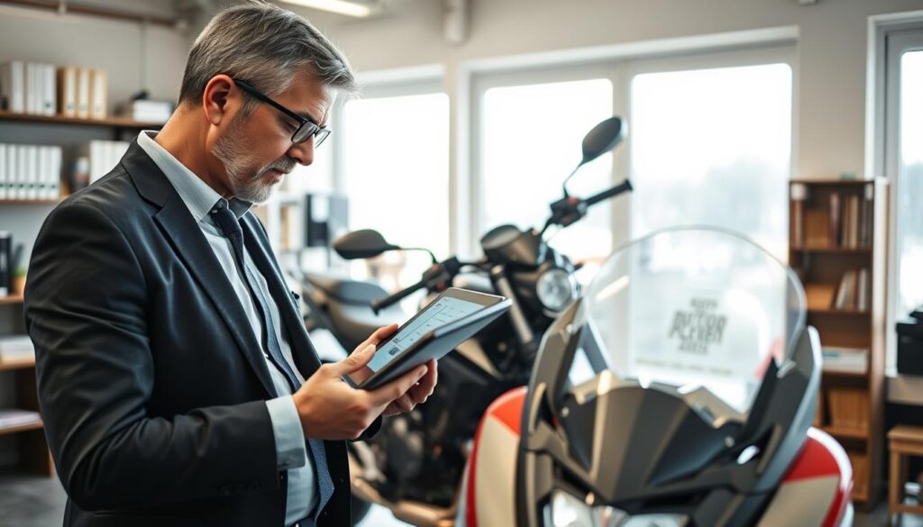 A professional estimator from MOTOEXPERT evaluating a motorcycle in a well-lit office environment. The foreground features the estimator, a middle-aged man in smart business attire, focused intently on a modern digital tablet displaying motorcycle data. He stands next to a sleek motorcycle, showcasing its high-quality details. In the middle ground, there are shelves of reference books and tools for assessment, enhancing the professional atmosphere. The background shows large windows allowing natural light to flood the room, creating a bright and conducive workspace. The overall mood is one of diligence and expertise, emphasizing the confidence and professionalism integral to the evaluation process. Use a slightly angled perspective to capture the interaction between the estimator and the motorcycle, highlighting the importance of thorough assessment.