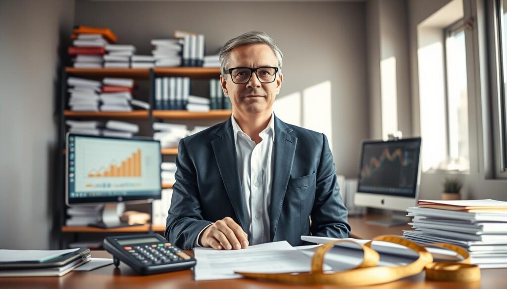 A professional, independent appraiser stands confidently in a well-lit office, surrounded by documents and a computer displaying financial graphs. He is a middle-aged man with glasses, dressed in a tailored navy suit and a crisp white shirt, exuding authority and expertise. In the foreground, there are appraisal tools like a calculator and measuring tape, suggesting meticulous attention to detail. The background features shelves filled with insurance manuals and reports, creating an atmosphere of professionalism and diligence. Soft sunlight filters through a window, casting gentle shadows, enhancing the image’s warm and inviting mood. The overall composition conveys the importance of independent appraisers in providing unbiased assessments.