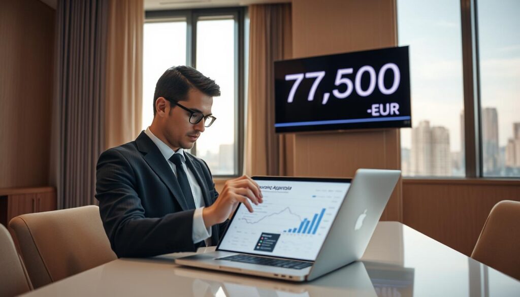 A professional insurance appraiser evaluating numerical data on a sleek, modern laptop in an elegant office environment. The foreground features a focused individual in formal business attire, analyzing charts and graphs displayed on the screen, looking thoughtfully at the data. In the middle background, a large window lets in warm, natural light, showcasing a city skyline, adding a sense of professionalism and seriousness to the setting. A wall-mounted screen beside the appraiser shows the numbers “7,500 EUR” prominently in a sleek, futuristic font, symbolizing the insurance valuation process. The atmosphere is one of concentration and seriousness, with soft lighting creating a calm yet intense mood, focusing on the decision-making aspect of insurance appraisal.