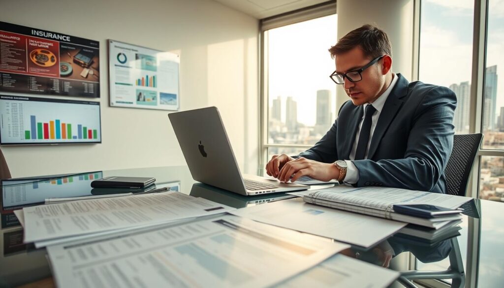 A professional insurance evaluator examining data, surrounded by paperwork and a calculator, seated at a modern glass desk in a well-lit office. The foreground features detailed financial documents about insurance valuations, with keen focus on numbers, and a sleek laptop displaying graphs and statistics. In the middle, a wall-mounted notice board displays key performance indicators and a large screen with visuals representing insurance processes. The background includes a window with a cityscape view, letting in natural light that casts soft shadows across the room. The atmosphere is focused and analytical, conveying seriousness and professionalism in the insurance evaluation process.
