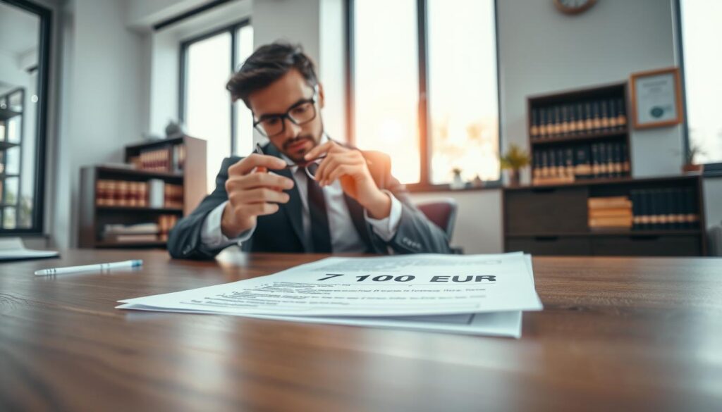 A professional insurance representative in a modern office setting, examining a document labeled “7 100 EUR” on a sleek wooden desk. In the foreground, a close-up of the representative’s hands adjusting glasses, dressed in formal business attire. The middle ground features the paperwork with bullet points outlining coverage details, illuminated by soft natural light coming from large windows. In the background, tasteful office decor includes a bookshelf filled with legal books and a framed certificate on the wall, emphasizing an atmosphere of professionalism and trust. The scene conveys a sense of careful review and financial analysis, with a subtle focus on the dollar amount, evoking the serious nature of insurance valuation.