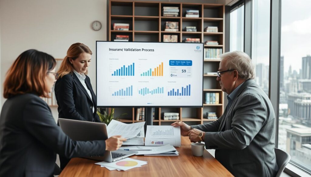 A professional insurance valuation process depicted in a contemporary office setting. In the foreground, a diverse group of three professionals - a middle-aged woman, a young man, and an older gentleman - are engaged in discussion over documents and graphs, all dressed in business attire. In the middle, a large screen displays data charts and valuation metrics clearly, while an open laptop shows calculations. In the background, shelves filled with marketing materials and a city skyline outside the large windows suggest a bustling corporate atmosphere. Soft, natural lighting illuminates the scene, creating a calm yet focused environment. The overall mood is analytical and professional, showcasing the step-by-step flow of an insurance valuation process.