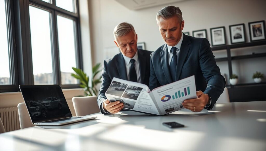 A professional office scene depicting the process of damage verification in an insurance claim. In the foreground, a well-dressed insurance adjuster, a middle-aged man in a suit, scrutinizes a folder containing images and documents of a vehicle accident. In the middle ground, a sleek conference table with a laptop displaying a claims assessment and charts. In the background, large windows allow natural light to illuminate the office, casting soft shadows. A wall display features framed certificates and insurance-related imagery. The atmosphere is serious yet focused, with a sense of determination and professionalism pervading the setting. The image should capture the essence of meticulous evaluation and corporate diligence.