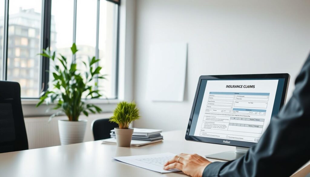 A professional office setting featuring a clean, modern desk with a computer displaying an insurance claims form. In the foreground, a person in business attire is focused on filling out the form, illustrating the process of reporting damage. The middle ground includes a potted plant and some documents neatly arranged, adding a sense of organization. In the background, a large window allows natural light to flood the room, creating a bright and inviting atmosphere. The overall mood is one of professionalism and efficiency, emphasizing clarity and attention to detail. The image should be taken from a slightly elevated angle to capture the workspace and the person's engagement with the task at hand, enhancing the informative nature of the scene.
