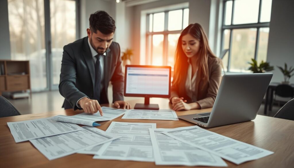 A professional setting depicting a comparison of insurance offers, showcasing a table with various insurance policy documents laid out. In the foreground, a diverse group of three professionals in business attire (a man in a suit, a woman in a blazer, and a person in smart casual clothing) are discussing the documents intently, pointing at key details. The middle ground features a digital device, such as a laptop or tablet, displaying a side-by-side comparison of insurance offers. The background includes soft lighting coming from large windows, creating a warm and inviting atmosphere, while a modern office with minimalist decor is visible. The overall mood is focused and analytical, emphasizing the importance of choosing the right vehicle insurance.