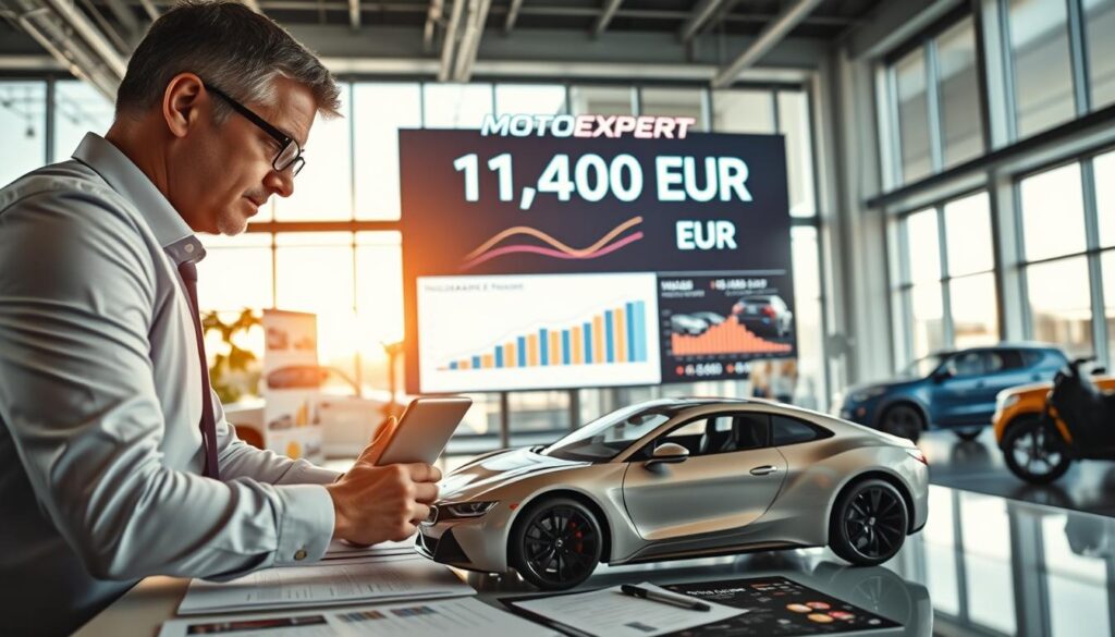 A professional setting showcasing a modern office environment focused on automotive valuation. In the foreground, a well-dressed business analyst, a middle-aged Caucasian male with glasses, closely examines a sleek car model on a desk covered with documents and charts related to insurance value. In the middle ground, a large digital screen displays the "MOTOEXPERT 11,400 EUR" figure prominently, with graphical representations of vehicle pricing trends. The background features large windows allowing natural light to flood the room, highlighting the organized workplace filled with car-related imagery and promotional materials. The overall mood is one of professionalism and confidence, with warm tones from the lighting that creates a welcoming atmosphere. The angle is slightly elevated, capturing both the analyst and the screen effectively.