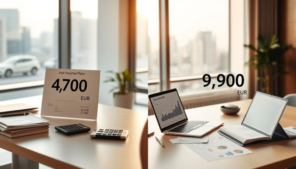 A split-screen comparison of two insurance plans, highlighted in a professional setting. On the left, depict a modern office with a clean desk featuring the insurance quote of 4,700 EUR, accompanied by paperwork and a calculator. On the right, illustrate a similar office scene showcasing the 9,900 EUR plan with brochures, a laptop displaying graphs, and financial documents. Use soft, natural lighting to create an inviting atmosphere, and set the scene with a blurred background of cityscapes visible through a large window. The color palette should be warm and professional, emphasizing clarity and organization. Ensure that the image conveys a sense of analysis and informed decision-making without any text or logos.