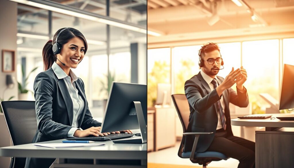 A visually striking comparative illustration depicting two customer service scenarios within an office environment. In the foreground, a professional businesswoman in formal attire provides assistance to a client seated at a modern desk, with a friendly smile and attentive body language, highlighting excellent customer service. To her right, a contrasting scene shows a frustrated customer interacting with an indifferent support agent, showcasing poor service. The middle ground features elements like customer service tools—headsets, computers, and brochures—symbolizing efficiency vs. chaos. In the background, the ambiance is well-lit with soft daylight streaming through large windows to create a warm, inviting atmosphere. Use a realistic lens perspective to emphasize both interactions, capturing the essence of key differences in customer service experiences.